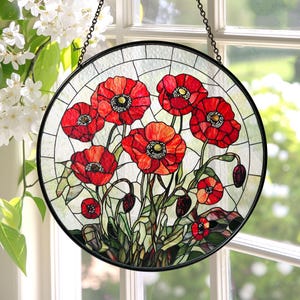 Poppy Flowers Suncatcher, Stained Glass Plant Home Decor, Unique Botanical Art Window Hanging, Artistic Poppy, Memory Day, Poppy Suncatcher
