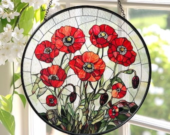 Poppy Flowers Suncatcher, Stained Glass Plant Home Decor, Unique Botanical Art Window Hanging, Artistic Poppy, Memory Day, Poppy Suncatcher
