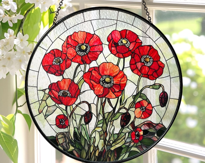 Poppy Flowers Suncatcher, Stained Glass Plant Home Decor, Unique Botanical Art Window Hanging, Artistic Poppy, Memory Day, Poppy Suncatcher