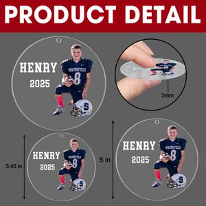 May include: Clear acrylic ornament with a football player image. The ornament is 5 inches in diameter and 3mm thick. The player is wearing a blue and white uniform with the name "HENRY" and the year "2025" printed on the ornament.