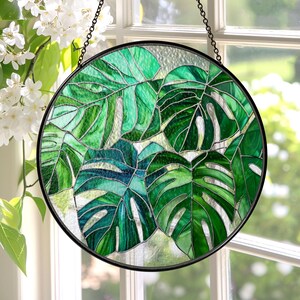 Monstera Leaves Stained Glass Suncatcher, Monstera Window Hanging, Planting Lover Gift, Plant Mom Decor, Monstera Suncatcher, Gift For Mom