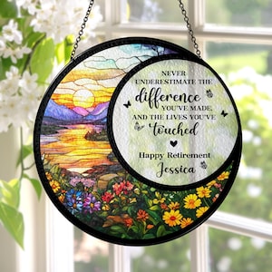 Stained Glass Retirement Suncatcher Personalized Floral Retirement Window Decor, Colleague Retirement Keepsake, Retired Coworker Christmas
