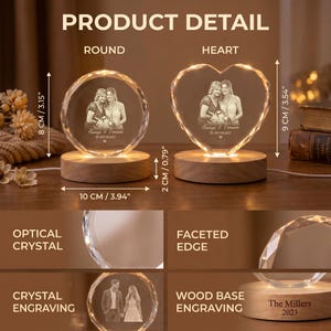 May include: Two clear optical crystal plaques, one round and one heart-shaped, featuring laser-engraved photos and the text Always & Forever IN MY HEART. Each sits on a round wooden base. Dimensions are 8 cm/3.15 inches, 9 cm/3.54 inches, and 2 cm/0.79 inches.