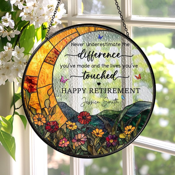 Stained Glass Retirement Suncatcher Personalized Floral Retirement Window Decor, Colleague Retirement Keepsake Retirement Gift For Coworker