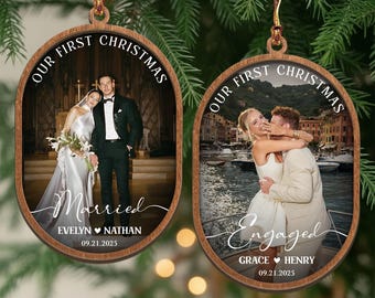First Christmas Married Ornament With Photo, Personalized 2 Layerd Wooden Christmas Keepsake, Wedding Photo Christmas Gift, Engaged Ornament