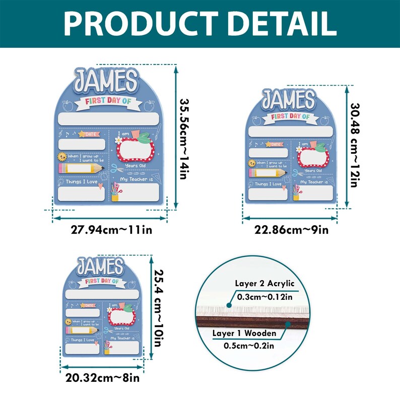 May include: Three blue wooden first day of school boards with the name "JAMES" at the top. The boards have spaces to write information about the child. The largest board is 14 inches tall and 11 inches wide.