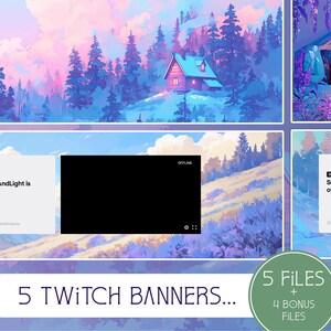 Puede incluir: Cinco diseños de banners de Twitch con un paisaje pastel con una pequeña casa y árboles. Los banners incluyen el texto "SunnyAndLight is offline." y un rectángulo negro para un reproductor de video.
