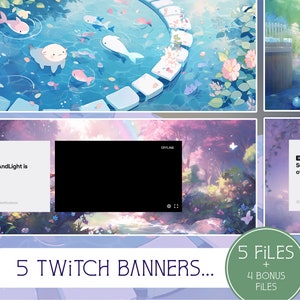 Puede incluir: Cinco diseños de banners de Twitch con una variedad de escenas de la naturaleza. Los banners están en una gama de colores pastel con una estética suave y de ensueño. El texto "5 Twitch Banners..." y "5 Archivos + 4 Archivos de bonificación" se muestra en la parte inferior de la imagen.