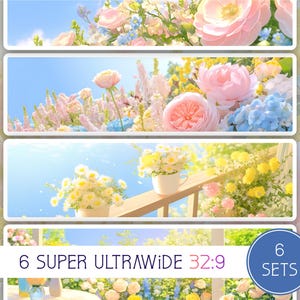 Könnte beinhalten: Ein Bild, das sechs Blumenarrangements im Ultra-Breitbildformat 32:9 zeigt. Die Arrangements zeigen pastellfarbene Blumen, darunter Rosa, Blau und Gelb, vor einem hellblauen Himmel. Der Text "6 SUPER ULTRAWIDE 32:9" ist sichtbar.