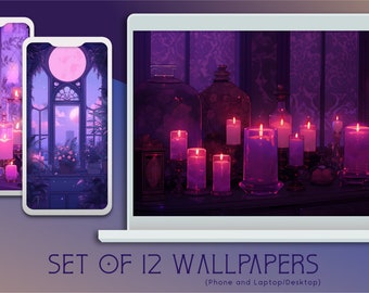 May include: A set of 12 phone and laptop wallpapers featuring a dark, moody aesthetic with candles and glass bottles in a dimly lit room. The candles are lit and casting a warm glow on the surrounding objects. The wallpaper is perfect for anyone who enjoys a cozy and atmospheric vibe.