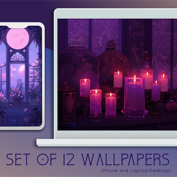 Witchy Evening Wallpaper Collection, 12 Digital Backgrounds, Commercial Use, High Resolution, 16:9, Mobile, Desktop, Lofi, Instant Download