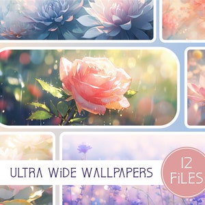 Könnte beinhalten: Eine Collage aus 12 Ultra-Wide-Hintergrundbildern mit zarten, pastellfarbenen Blumen. Die Bilder zeigen eine rosa Rose im Regen, ein Feld mit lila Blumen und eine weiße Blume mit einem blauen Zentrum.