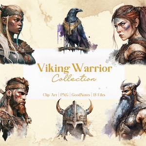 Puede incluir: Una colección de 15 ilustraciones digitales de guerreros vikingos, que incluyen un cuervo, un casco y cuatro retratos. Las ilustraciones están en un estilo de acuarela con un fondo marrón claro.