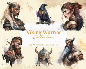 15 pc Viking Warrior Clipart Collection, Commercial Use, Goodnotes, Bonus Stickers, 300 dpi, Viking queen, viking king, Watercolor, Set