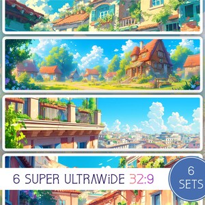 Könnte beinhalten: Sechs Sets superbreiter 32:9 digitaler Hintergründe mit farbenfrohen Cartoon-Illustrationen eines europäischen Dorfes mit Gebäuden, Bäumen und einem blauen Himmel mit weißen Wolken.