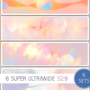 Puede incluir: Arte digital abstracto con seis paneles rectangulares con fondos suaves y borrosos en tonos naranja, rosa y amarillo. Se muestra el texto "6 SUPER ULTRAWIDE 32:9", junto con un gráfico circular que dice "6 SETS".