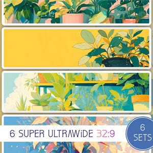 Könnte beinhalten: Sechs Sätze digitaler Illustrationen mit verschiedenen grünen Pflanzen in Töpfen, auf gelbem Hintergrund mit dem Text "6 SUPER ULTRAWIDE 32:9 SETS".