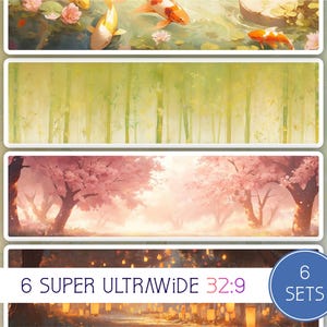Könnte beinhalten: Sechs Sets super-ultrawider 32:9 Digital-Hintergründe mit einer Vielzahl von Naturszenen. Die Hintergründe umfassen einen Teich mit Koi-Karpfen, einen Bambuswald, einen Kirschblütenhain und einen Weg, der mit Laternen gesäumt ist.