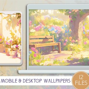 May include: A digital illustration of a garden scene with a wooden bench, flowers, and a tree. The image is in a soft, pastel color palette and has a dreamy, whimsical feel. The text "MOBILE & DESKTOP WALLPAPERS 12 FILES" is at the bottom of the image.