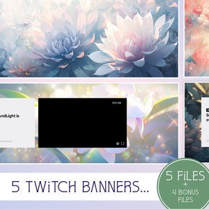 Puede incluir: Cinco diseños de banners de Twitch con un fondo floral suave y pastel, una pantalla negra y texto que dice "OFFLINE" y "SunnyAndLight is offline."