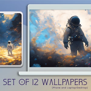 May include: Set of 12 digital wallpapers featuring an astronaut in a vibrant, dreamlike landscape with blue and gold hues. The image is displayed on a phone and laptop, with the text "SET OF 12 WALLPAPERS (Phone and Laptop/Desktop)".