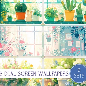 Könnte beinhalten: Sechs Sets mit Dual-Screen-Tapeten mit verschiedenen floralen und pflanzlichen Illustrationen im Aquarell-Stil. Die Illustrationen umfassen Blumen, Kakteen und Blattpflanzen. Der Text "6 DUAL SCREEN WALLPAPERS 6 SETS" ist im Bild sichtbar.