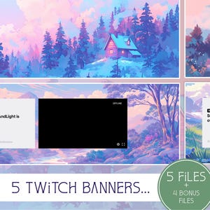 Puede incluir: Cinco diseños de banners de Twitch con un paisaje de color rosa pastel y azul con una pequeña casa en la distancia. El texto "SunnyAndLight is offline." aparece en los banners.