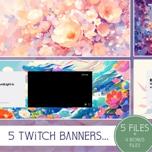 Puede incluir: Cinco diseños de banners de Twitch con un patrón floral y de olas colorido con un cuadro negro para una imagen de perfil y el texto "SunnyAndLight is offline." en un cuadro blanco. El texto "5 Twitch Banners..." está en la parte inferior de la imagen. El texto "5 Archivos + 4 Archivos de bonificación" está en un círculo verde en la parte inferior derecha de la imagen.