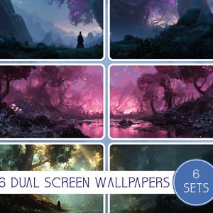 Könnte beinhalten: Eine Sammlung von sechs Dual-Screen-Hintergrundbildern mit Fantasy-Landschaften. Die Bilder zeigen mystische Wälder mit leuchtend rosa und violetten Bäumen, ruhige Gewässer und Figuren in der Ferne. Das Gesamtthema ist eine Mischung aus Natur und Fantasie.