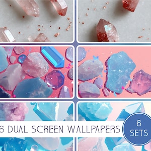 Könnte beinhalten: Ein digitales Kunstbild mit sechs Sets von Dual-Screen-Hintergründen. Die Hintergrundbilder zeigen Kristalle in Rosa-, Blau- und Klartönen mit einigen kupferfarbenen Akzenten. Der Text "6 Dual Screen Wallpapers" und "6 Sets" ist ebenfalls sichtbar.