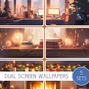 Könnte beinhalten: Fünf Sets mit Weihnachts-Hintergrundbildern für zwei Bildschirme, die einen gemütlichen Raum mit Kamin, ein Fenster mit Blick auf eine verschneite Stadtlandschaft und einen Schreibtisch mit Büchern und Kerzen zeigen. Der Text "DUAL SCREEN WALLPAPERS 5 SETS" ist auf dem Bild zu sehen.