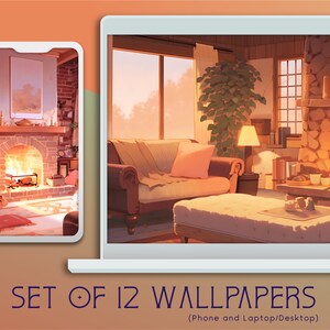 Könnte beinhalten: Ein Set mit 12 gemütlichen Wohnzimmer-Tapeten mit einem Kamin, einer Couch und einem Fenster mit Blick auf den Sonnenuntergang. Der Text "SET OF 12 WALLPAPERS (Phone and Laptop/Desktop)" befindet sich am unteren Rand des Bildes.