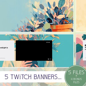 Puede incluir: Cinco diseños de banners de Twitch con una planta verde con hojas rosas y amarillas en una maceta de terracota sobre un fondo azul. Los banners incluyen el texto "SunnyAndLight is offline." y una pantalla negra con la palabra "OFFLINE" en texto blanco.