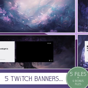 Könnte beinhalten: Fünf Twitch-Banner mit einer lila und blauen Landschaft mit einem dunklen Baum und Blumen. Die Banner enthalten den Text "OFFLINE" und "SunnyAndLight is offline."