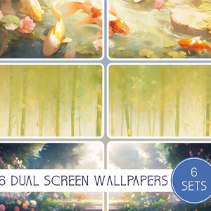 Könnte beinhalten: Sechs Sets mit Dual-Screen-Tapeten mit verschiedenen Naturaufnahmen. Das erste Set zeigt einen Teich mit drei Goldfischen und rosa Blüten. Das zweite Set zeigt einen Bambuswald. Das dritte Set zeigt einen Garten mit Blumen und Bäumen.