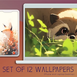 Könnte beinhalten: Ein Set mit 12 digitalen Hintergrundbildern mit niedlichen Tierillustrationen. Die Hintergrundbilder sind sowohl für Smartphones als auch für Laptops/Desktops konzipiert. Das Bild zeigt einen Waschbären, der hinter grünen Blättern hervorlugt.