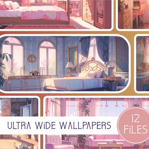 Könnte beinhalten: Eine Sammlung von 12 Ultra-Wide-Tapeten mit Innendesign-Szenen. Die Bilder zeigen Schlafzimmer und Wohnbereiche in sanften Rosa- und Blautönen. Der Text "ULTRA WIDE WALLPAPERS" und "12 FILES" ist sichtbar.