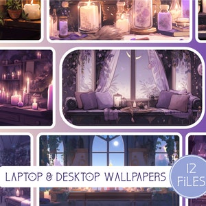 Könnte beinhalten: Eine Collage aus 12 digitalen Illustrationen mit einem magischen, mystischen und bezaubernden Thema. Die Bilder zeigen verschiedene Szenen, darunter ein Fenster mit Blick auf eine mondhelle Nacht, einen Tisch mit Kerzen und Tränken sowie eine gemütliche Leseecke. Die Bilder sind alle in einer weichen, pastellfarbenen Farbpalette gehalten und haben ein verträumtes, ätherisches Flair.