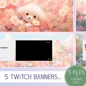 Puede incluir: Cinco diseños de banners de Twitch con un perro blanco sobre un fondo de flores rosas. Los banners incluyen el texto "SunnyAndLight is offline." y "OFFLINE".