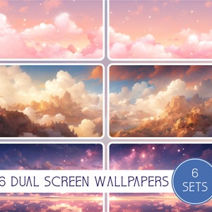 Puede incluir: Seis conjuntos de fondos de pantalla para doble pantalla que muestran un cielo rosa y morado con nubes y estrellas. El texto "6 DUAL SCREEN WALLPAPERS 6 SETS" está en el centro inferior de la imagen.