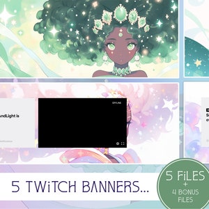 Puede incluir: Cinco diseños de banners de Twitch con una ilustración digital de una mujer con cabello verde y una corona, sobre un fondo de colores pastel y estrellas. El texto "5 Twitch Banners..." y "5 Archivos + 4 Archivos de bonificación" también se incluye en la imagen.