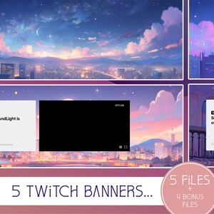 Puede incluir: Cinco diseños de banners de Twitch que muestran una ciudad al atardecer con nubes rosadas y moradas. Los banners incluyen el texto "SunnyAndLight is offline." y "5 Twitch Banners... 5 Files + 4 Bonus Files".