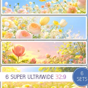 Könnte beinhalten: Digitaldruck mit sechs floralen Designs im Super-Ultrawide-Format 32:9. Die Bilder zeigen eine Vielzahl farbenfroher Blumen, darunter Rosen und Gänseblümchen, vor blauem Himmel. Das Gesamtthema ist Natur und Frühling.