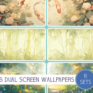 Könnte beinhalten: Sechs Sets mit Dual-Screen-Tapeten mit verschiedenen Naturszenen, darunter ein Teich mit Koi-Karpfen und Seerosen, ein Bambuswald und ein Feld mit Wildblumen.