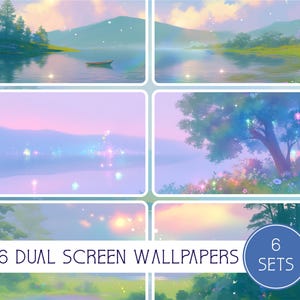 Könnte beinhalten: Ein digitales Kunstset mit sechs Dual-Screen-Hintergründen. Die Bilder zeigen ruhige Landschaften mit Seen, Bergen und Bäumen in sanften Pastellfarben. Der Text "6 DUAL SCREEN WALLPAPERS" und "6 SETS" ist enthalten.