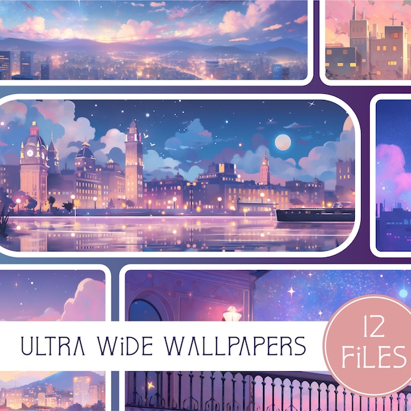 Starry Cityscape Wallpaper Collection, 12 Digital Backgrounds, Commercial Use, High Resolution, 21:9, Banner, Desktop, Lofi,Instant Download