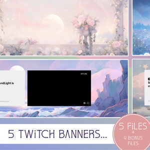 Puede incluir: Cinco diseños de banners de Twitch en colores pastel que presentan una variedad de paisajes, incluyendo un cielo iluminado por la luna, una costa rocosa y un campo de flores. Cada banner incluye el texto "SunnyAndLight is offline." y un lugar para mostrar la imagen de perfil de un streamer.