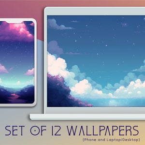 May include: A set of 12 phone and laptop wallpapers featuring a pixelated sky with clouds and stars. The sky is a gradient of blue and pink, with white clouds and a few stars scattered across the sky. The text "SET OF 12 WALLPAPERS (Phone and Laptop/Desktop)" is at the bottom of the image.