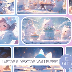 Könnte beinhalten: Ein Set mit 12 digitalen Hintergrundbildern mit niedlichen Comic-Tieren in einer Winterwunderland-Kulisse. Die Hintergrundbilder sind perfekt für Laptops und Desktops. Der Text "LAPTOP & DESKTOP WALLPAPERS" und "12 FILES" ist im Bild sichtbar.