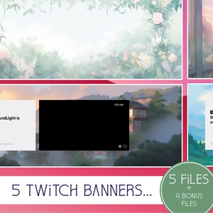 Puede incluir: Cinco diseños de banners de Twitch con una variedad de fondos escénicos, que incluyen un bosque, una cordillera y una casa con un lago. Los banners están en un esquema de colores rosa, verde y azul e incluyen el texto "SunnyAndLight is offline."